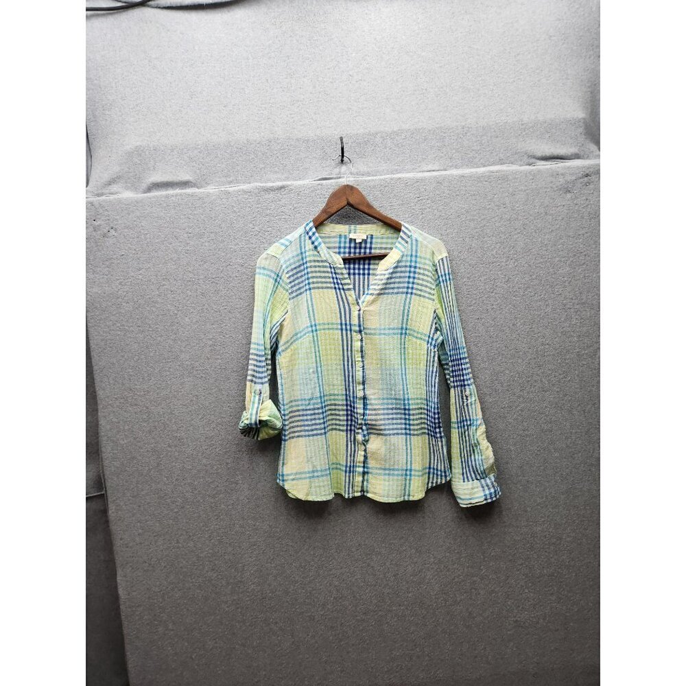 Talbots Womens Plaid Button-Up Shirt Size S 100% Cotton Blue/Green Long Sleeve C